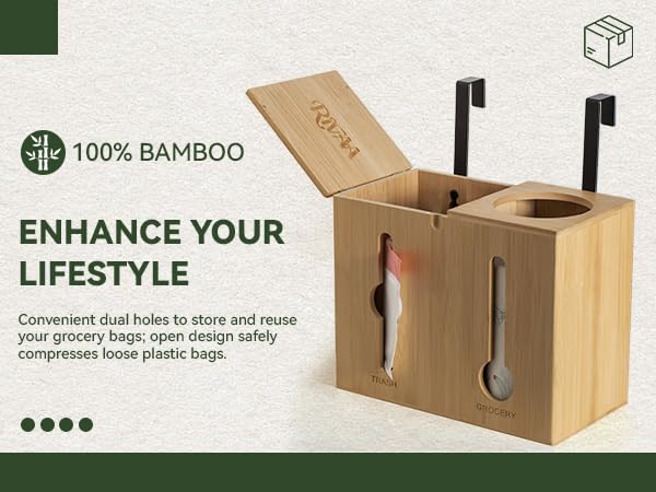 Image of RIVAA Eco-Friendly Bamboo Trash Bag Holder - Complete with Built-in Dispenser, Removable Hinged Lid, and Sleek Design for Space Saving and Convenience!