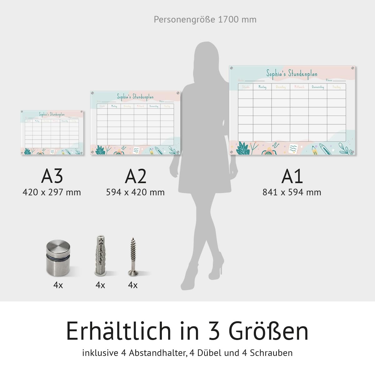 Personalisierter Acrylglas Stundenplan für Kinder abwischbar DIN A3, A2 oder A1 XXL wählbar inkl. Montagematerial und Edelstahl Abstandhalter, langlebig, klarer UV-Druck