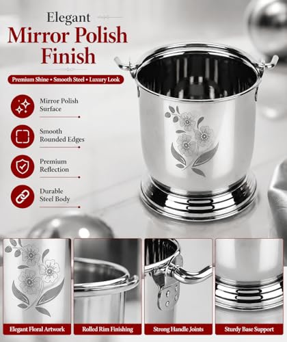 Image of Ajay's Shoppe Stainless Steel Mini Serving Bucket 450 ml (9.5 cm) | Dal Raita Serving Bowl | Restaurant Style, Heavy Gauge Mirror Finish