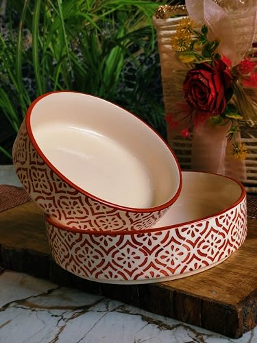 Image of Niyara Stoneware Handmade Ceramic Stylish Premium Bowls Serving Bowls Microwave Dishwasher Safe (Red Salad Set of 2)