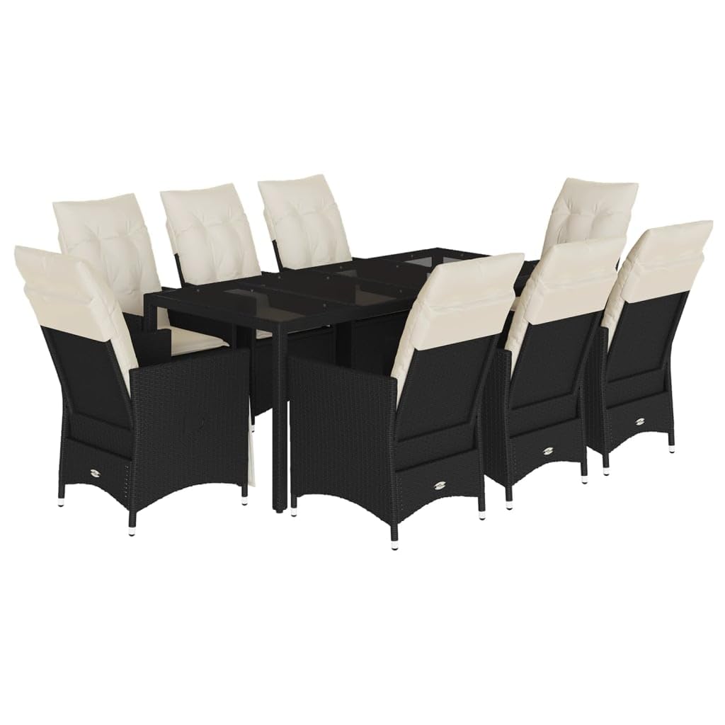 9-częściowy zestaw mebli ogrodowych z polirattanu, czarny, z 8 poduszkami, 6 leżakami, 2 podnóżkami, stół ogrodowy 190 x 90 x 75 cm, sofa do użytku na zewnątrz do ogrodu, wypoczynku i na