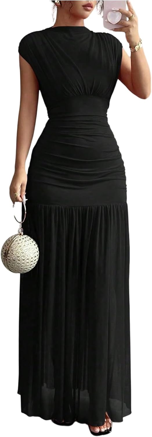 GORGLITTER Women's Mesh Bodycon Maxi Dress Mock Neck Cap Sleeve Wedding Guest Cocktail Birthday Dinner Going Out Dress