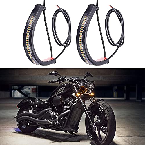 goodfitment - 2PC Flexible White & Amber Motorcycle LED Fork Turn Signal Blinkers DRL Daytime Running Light Waterproof Adjustable Stips Bars kit Universal Fit Motorbike