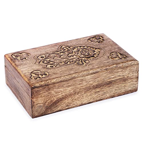 Ajuny Caja de Madera con Hamsa Tallada a mano Decorativa Multiusos Organizador de Joyas Cofre del Tesoro de Viaje porta Baratijas Regalo 8 x 5 pulgadas