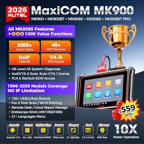 Autel MaxiCOM MK900 Bidirectional Scanner: 2026 Up of MaxiCheck MX808S MK808S, Work as MK900-BT MK900BT MX900 OBD2 Diagnostic Tool w/ 3000+ Active Test, 40+ Service, CAN-FD&DOIP, All System, FCA 11 OS - Image 3