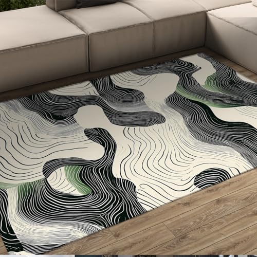 Moquette Waves noire et blanche 150x210 cm avec tapis géométrique vert lavable - 2