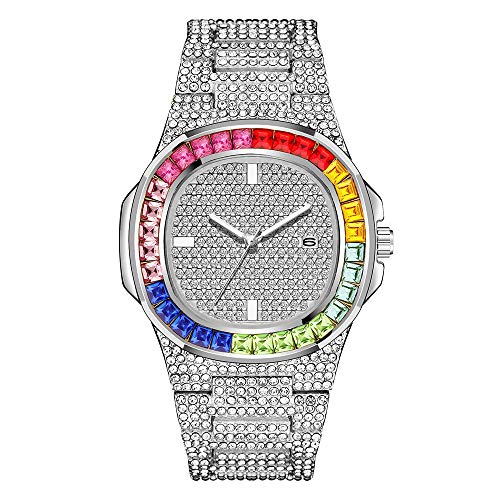 Colorful Mens/Womens Crystal Watch Bling Iced-Out Watch Luxury Fashion Wristwatch with Stainless Steel Band