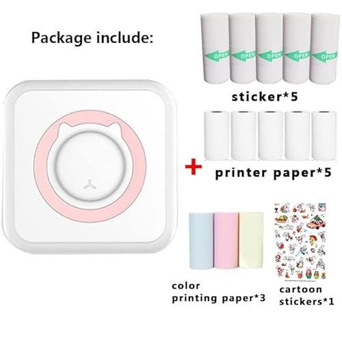 WANGCL Mini-Drucker, tragbarer Taschendrucker, tintenloser Fotodrucker mit 13 Rollen, Druckerpapier für kabellosen Drucker für iOS/Android-Smartphone (Rosa)
