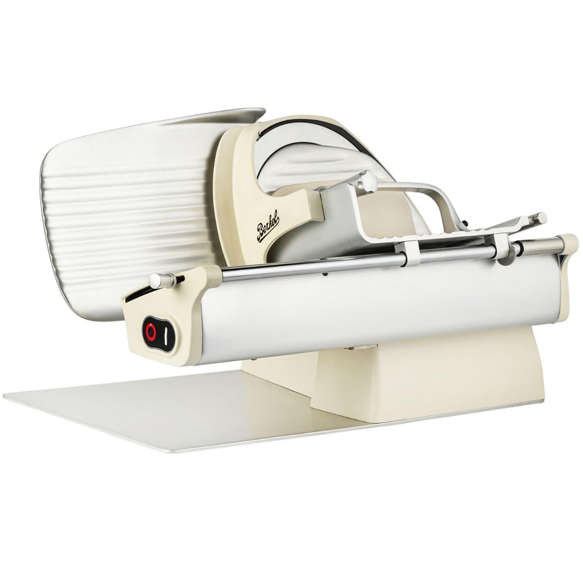 Berkel Home Line 200 Plus in Creme Matt mit handgemachtem Eichenholzbrett – Hochwertiger Schinken- und Wurstschneider für präzise Schnitte, modernes Design und robuste Handwerkskunst