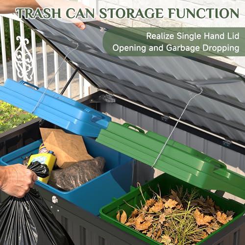 Image of AECOJOY Outdoor Trash Can Storage Shed, 46 Cu.Ft Metal Garbage Bin Enclosure with Lift-Up Lid & Gas Strut, Waterproof Outdoor Garbage Can Organizer, Bike Shed Backyard Patio Garden, Dark Grey