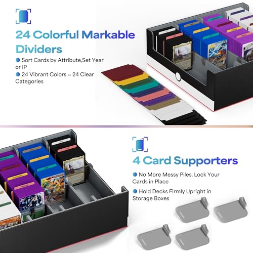 Image of UAONO Trading Card Storage Box, Holds 2400 Sleeved Cards with 24 Dividers & 4 Stoppers, Magnetic Closure PU Leather Card Case for MTG, PTCG, YGO, Sports Cards (Red&White)