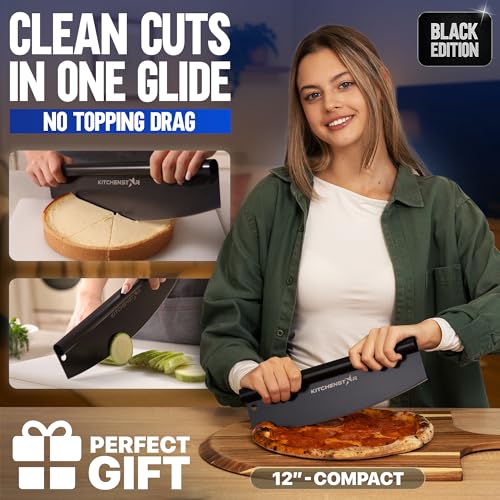Image of KitchenStar Pizza Cutter Rocker 12 inch Black | Sharp Stainless Steel Blade - Rocker Style with Blade Cover - Nonstick Compact Pizza Cutter - Premium Pizza Oven Tools and Accessories