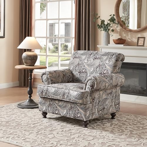 Image of Modern Accent Chair, Chenille Upholstered Armchair with Solid Wood Legs, Floral Pattern Single Sofa Chair for Living Room, Bedroom, Reading Room, Office