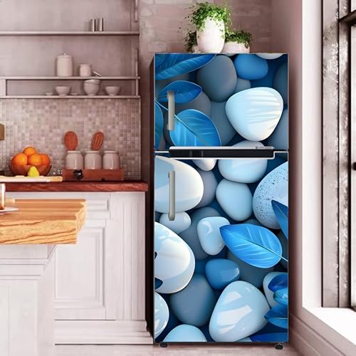 Image of DesignDecor Vinyl 3D Flower Fridge Sticker, 24x60 cm, Marble Texture, Double Door Refrigerator (Blue)