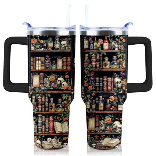 WENININOK Bookshelves Skull Goth Gothic Tumbler 40 OZ Tumbler with Handle and Straw Lid Leak Proof Book Lovers Travel Coffee Mug Insulated for Hot Cold Ice - Birthday Book Lovers Gifts for Women Cup