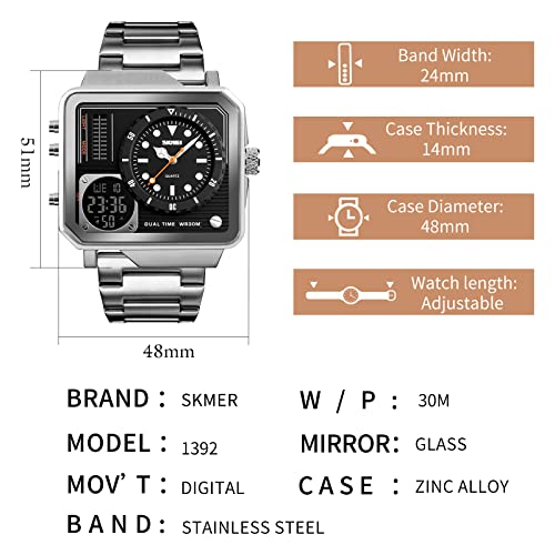 Image of SKMEI Men's Digital Sports Watch, LED Square Large Face Analog Quartz Wrist Watch with Multi-Time Zone Waterproof Stopwatch
