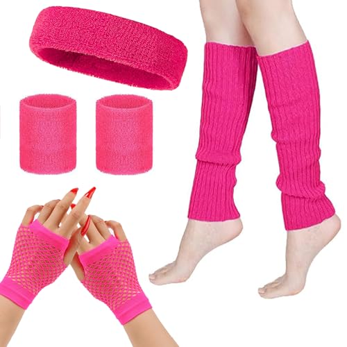 MUFEKUM 80s Fancy Dress Costumes Accessories, Leg Warmers Fishnet Gloves Headband Wristbands Sweatbands Neon Set, 1980s Retro Theme Party Costumes Neon Party Accessories (Pink)