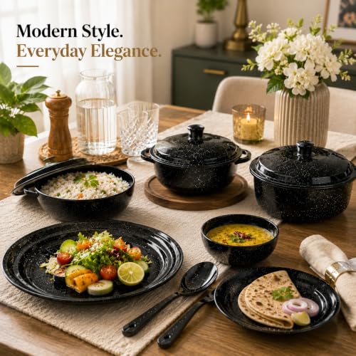 Image of Melvio By Malti Black Granite 6 Piece Tea Spoon | Melamine Dinnerware Set, Premium Dinner Set Crockery Plates Bowls Tableware for Home Dining Kitchen