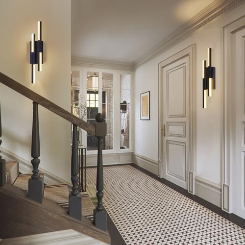 Image of Benkut Modern LED Vanity Lights Set of 2, Black Wall Sconce with Remote Control Dimmable Indoor Wall Light Bedside Remote Sconce for Bedroom Bathroom Living Dining Room (2 Pack H19.7'')