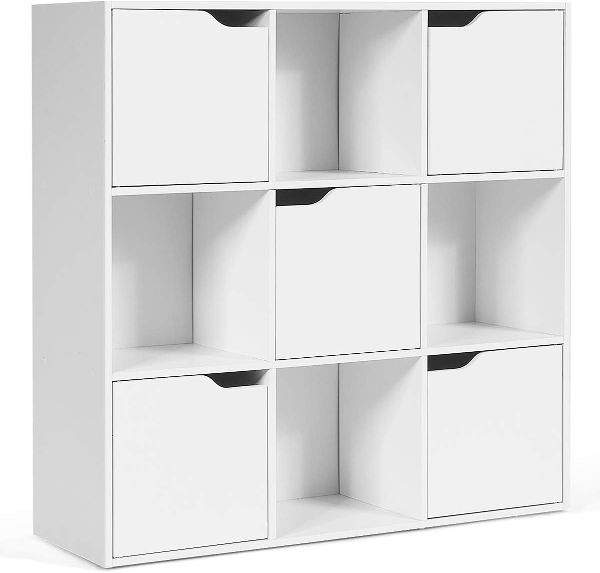 9-Cube Storage Organizer, Storage Cabinet with 4 Open Cubes and 5 Cabinets, Freestanding Wooden Cubby Bookcase, Compartment Units for Home Office, 3-Tier Bookshelf for Books