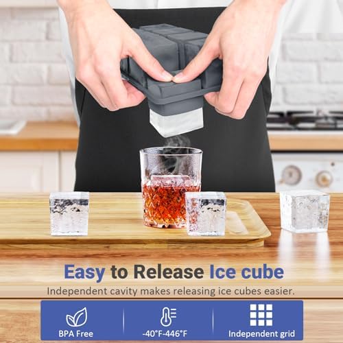 Large Ice Cube Trays for Whiskey: GGOW Big Silicone Ice Cube Trays 2Inch - Huge Square Ice Cubed Tray for Whisky and Cocktail - Thumbnail 3