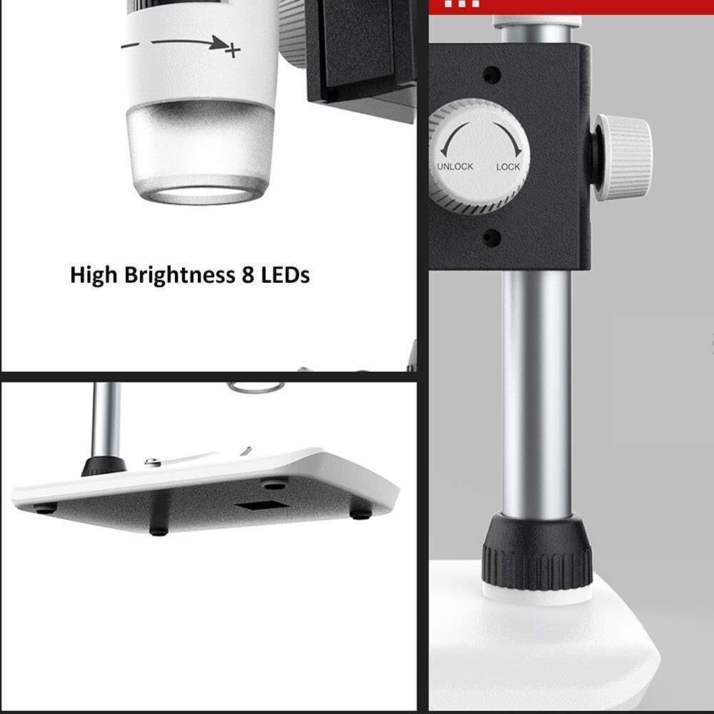 Microscopio Digitale LCD con Schermo da 4,3", ingrandimento 1000X, HD 1080P, 8 luci LED, Batteria Ricaricabile, USB, per PCB, Monete e Uso in Laboratorio