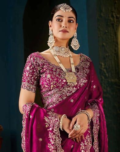 Image of DHARMEE Women's Silk Saree with Embroidered Blouse Piece, Traditional Parte Wear with Gold Border and Hand Work Lace Embellished, Solid /Plain, Applique, Woven, Bollywood Jimmy Jimmy, Satin Saree