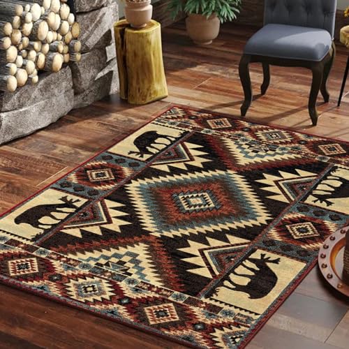 TuLdys Alfombra rústica estilo cabaña nativa, 5 x 8 pies/60 x 96 pulgadas, alfombras de imitación de cachemira para sala de estar, campo occidental, vida silvestre, oso, alce, ciervo, alfombra con 4