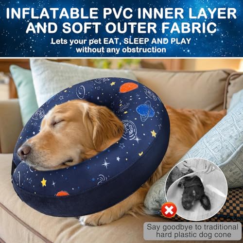 Image of SCENEREAL Dog Cone Alternative After Surgery Donut Collar, Soft Pet Recovery Pillow Collar for Medium Large Dogs, Inflatable Adjustable Neck Collars to Prevent Licking, Planet Print E-Collars L