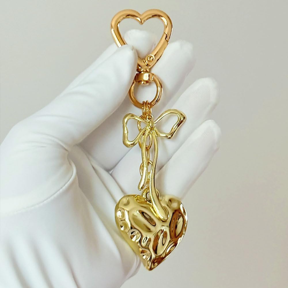 Pink Heart Bow Keychain Bag Charm for Women & Girls, Cute Golden Purse Charm Decor for Handbag, Wallet, or Car Keys - Image 2