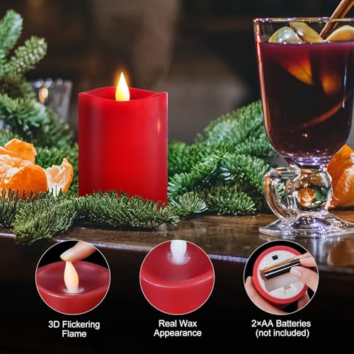 Image of 3x4 Flickering Flameless Candles,Real Wax Pillar led Candles Flickering,with Timer,4 inch Flameless Candles with Remote,for Party Wedding Holiday Home Decor,Red