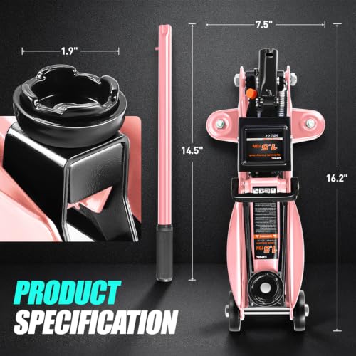 Image of DNA Motoring 1.5 Ton Car Floor Jack Low Profile Hydraulic Trolley Service /Floor Jack, 1.5T / 3000 lbs Capacity, Lifting Range 5.3 Inch -12 Inch, with Storage Case, Pink, TOOLS-00327-PK