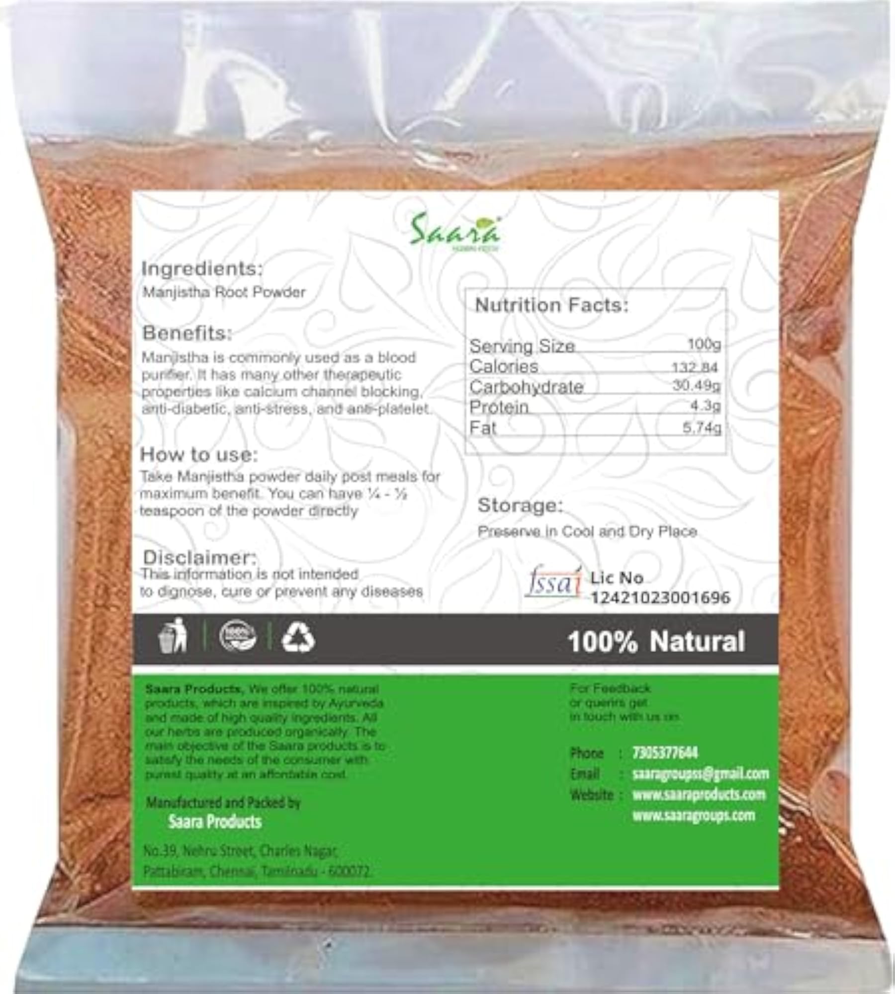 Saara Herbal Fresh Manjistha Root Powder, 50g