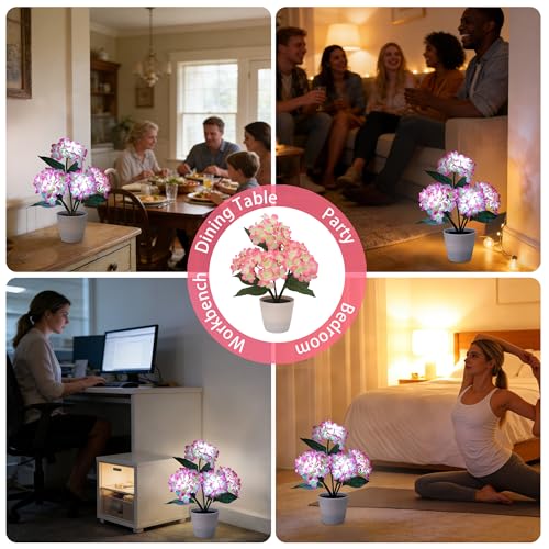 Image of Pink Artificial Hydrangea LED Flower Pot - Lighted Floral Decor for Wedding, Christmas, Bar Coffee Shop Home Decor, Battery-Operated Night Light, Gift for Women