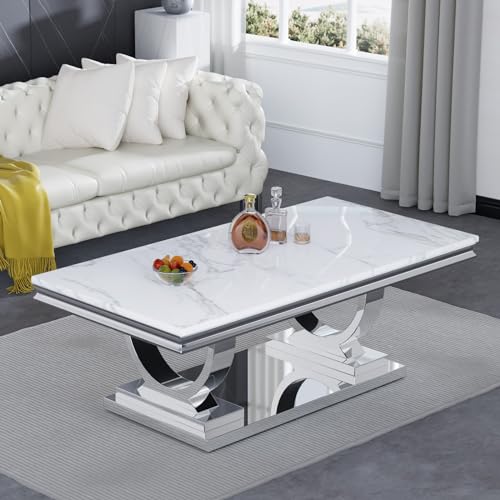 Goujxcy 111266923 Modern Marble Coffee Table, Rectangular White And Silver With U-Shape Stainless Steel Base With Silver Mirrored Finish For Living Room thumb #1