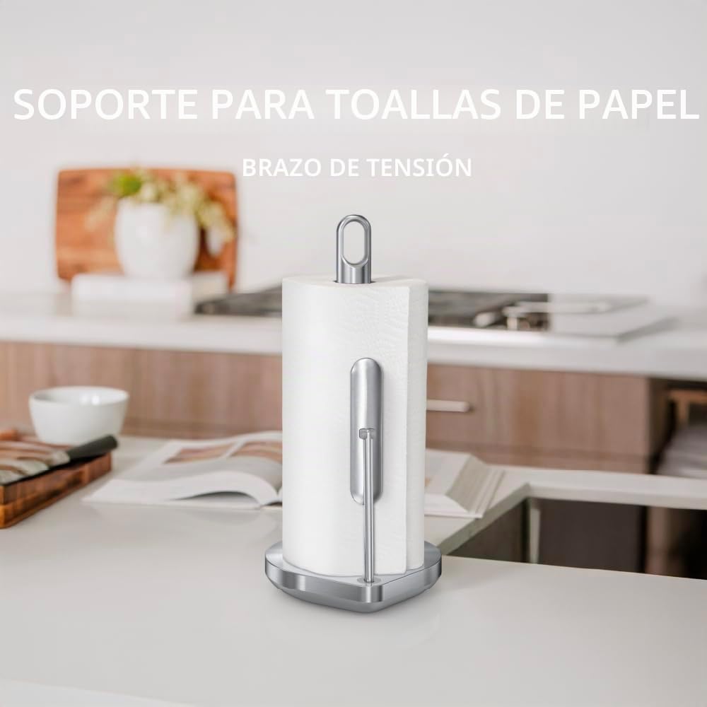 simplehuman Soporte para Rollo de Cocina con Brazo de tensión, de pie, fácil de rasgar, Base Pesada Resistente (se Adapta a Rollos de Cocina de 23 a 28 cm), Acero Inoxidable Cepillado, KT1203