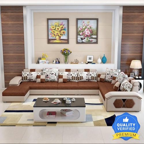 Image of Silvester 12 Seater Sofa Set for Living Room (Beige-Brown) | Interchangeable U Shape Sectional Sofa | Solid Wood Frame & High-Density Supersoft Foam | Includes Puffy & Stool | Modern Home Furniture