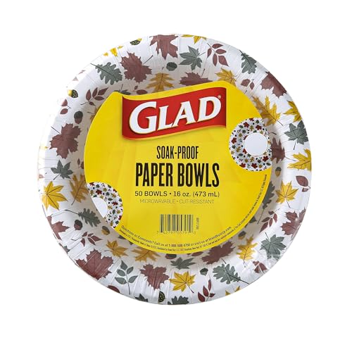 Glad Round Disposable Paper Bowls, Falling Foliage Design - Heavy Duty, Soak Proof, Cut-Resistant, Microwavable Bowl for All Foods & Daily Use, 16 Oz, 50 Count