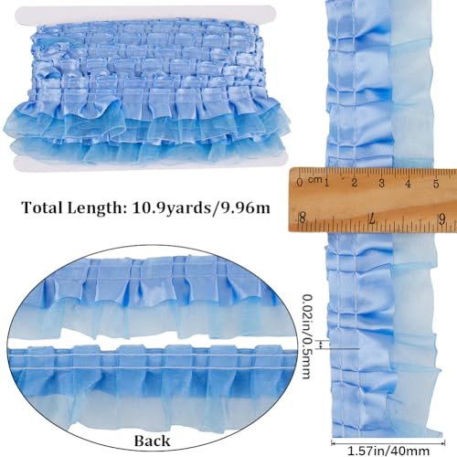 GORGECRAFT 11 Yards 2-Layer Satin Organza Lace Edge Trim Pleated Ruffle Chiffon Ribbon Gathered Edging Trimmings Fabric for Cloth Dress Sewing Embroidered Applique Wedding Party Decor Blue - Image 2
