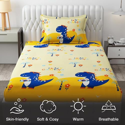Image of Filymore Dino Camera Elastic Fitted bedsheet for Kids Room Single Bed 240 TC Soft Microfiber 1 bedsheet and 1 Pillow Cover (Size 72x36 inches) fit up to 6 inches Mattress(offwhite and Yellow)