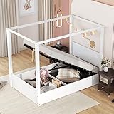 Moimhear Cama individual de madera con dosel con somier y espacio de almacenamiento, fácil de montar, 90 x 200 cm (blanco)