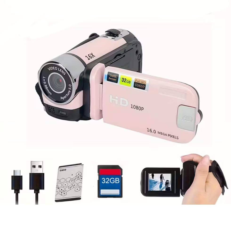 16x Digital Zoom Camera Equipped with a 270° Rotating LED flip Screen, 32GB Memory Card, 1080P high-Definition Wide-Angle Camera, and a Portable Video Recorder, (Pink)-image-45