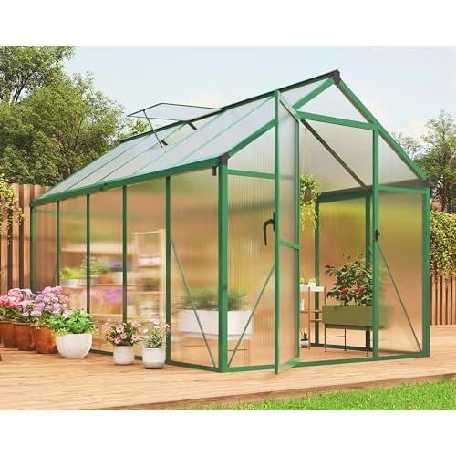6x10 FT Greenhouse for Outdoors, Polycarbonate Greenhouse with Roof Vent, Ground Nails, Lockable Push Door, Aluminum Large Walk-in Green House for Outside Garden Backyard, Patio, Lawn, Green