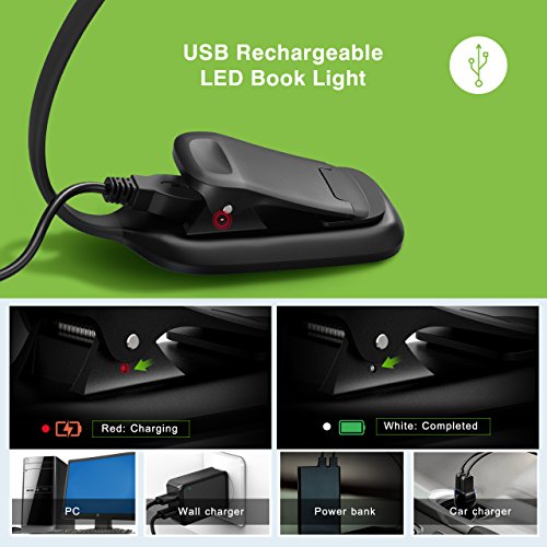 Rechargeable Book Light, TOPELEK LED Reading Light with 3-level Brightness (Cool & Warm), Flexible Easy Clip On Reading Lamp, Eye Protection , Soft Table Light for Night Reading in Bed