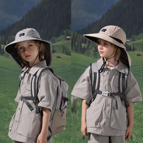 Kids Sun Hat with Neck Flap Breathable Safari Boys Bucket Hats Girls Outdoor Fishing Beach Hat Summer Adventure UPF 50+4
