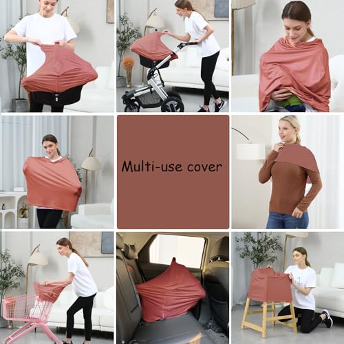 Image of Car Seat Cover Baby for Nursing, Baby Breastfeeding Cover Carseat Canopy Covers, Solid Color Multi-use Nursing Cover for Babies (Bronze red)