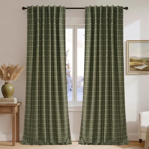 Image of NICETOWN 2 Panels 100% Linen Blackout Plaid Curtains 84 Inches Long for Bedroom Living Room, Rustic Gingham Windowpane Drapes Thermal Insulated Privacy Rod Pocket Back Tab, 52" W, Moss Green