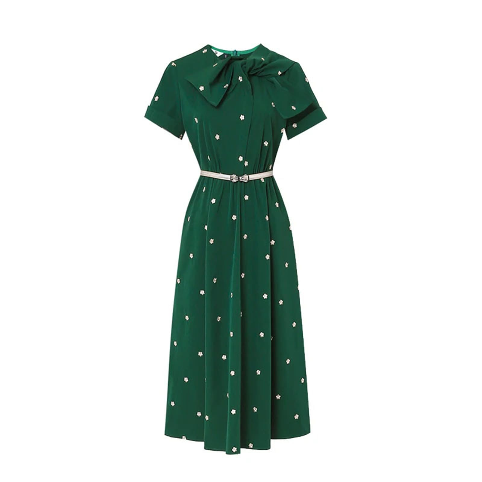 Women O-Neck Flower Embroidery A Line Vintage Midi Long Dress Lady Office Work Dress