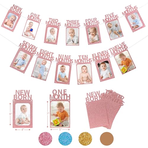 Crosize 4'' x 6'' or 5'' x 7'' 1st Birthday Photo Banner from Newborn to 12 Months, Boy or Girl Monthly Milestones Garland, One Year Old First Birthday Photo Banner Decorations with Frame (Rose Gold)