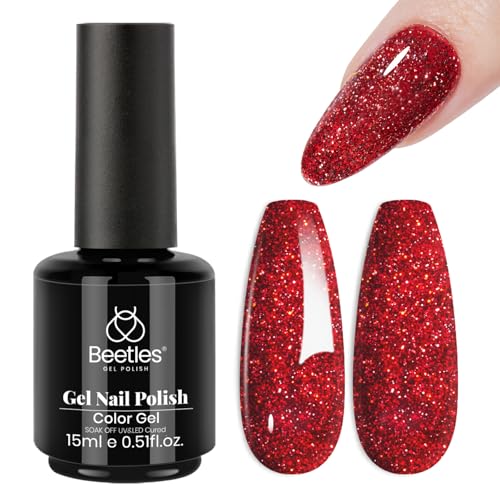 Image of Beetles Red Glitter Gel Nail Polish - Wine Red Shimmer Gel Polish 1Pcs 0.5Oz 15ml Soak Off UV LED Long Lasting Glossy Manicure for Nail Art and DIY